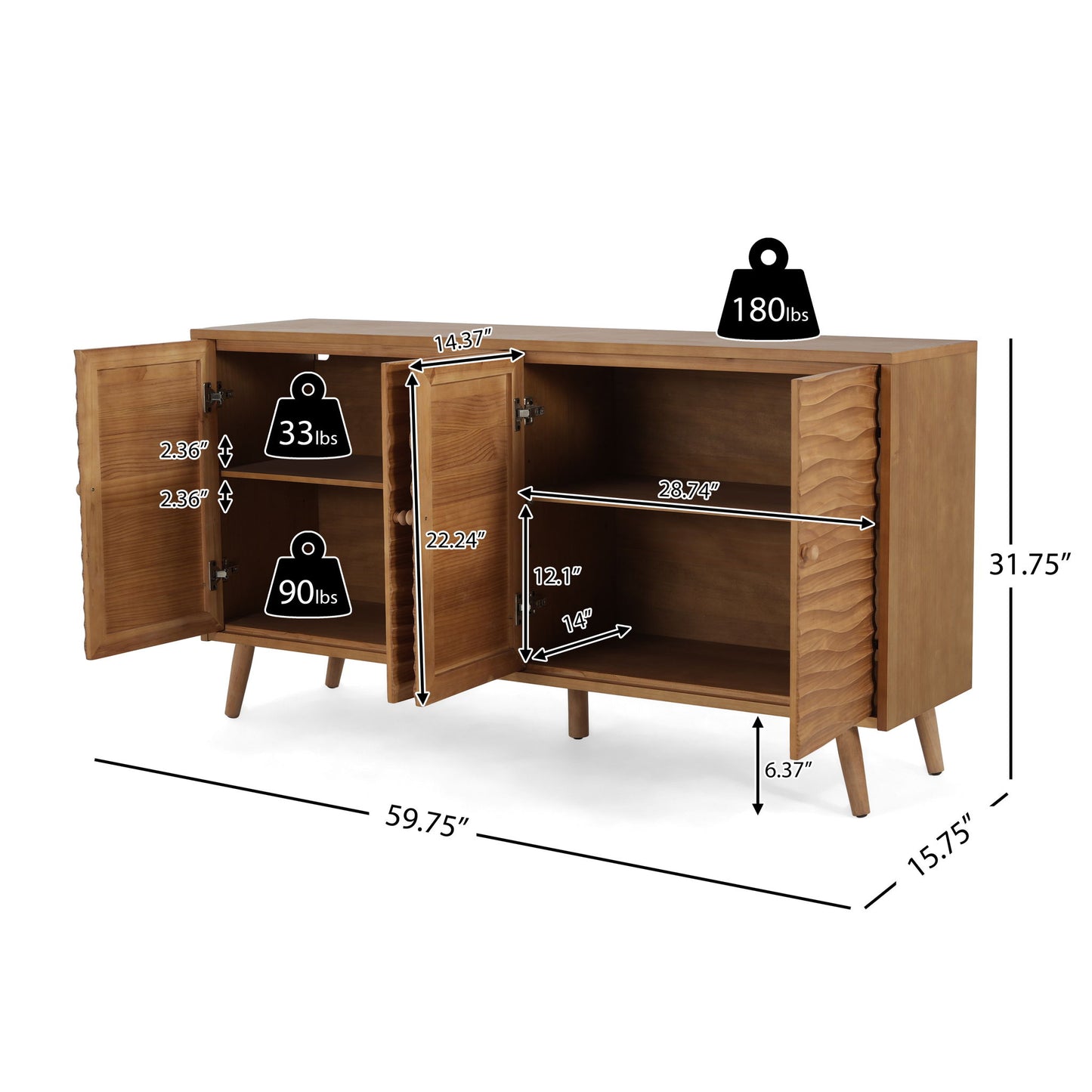 Mid Century Modern 4 Door Sideboard, Wavy Pattern Doors, Adjustable Shelves - Natural