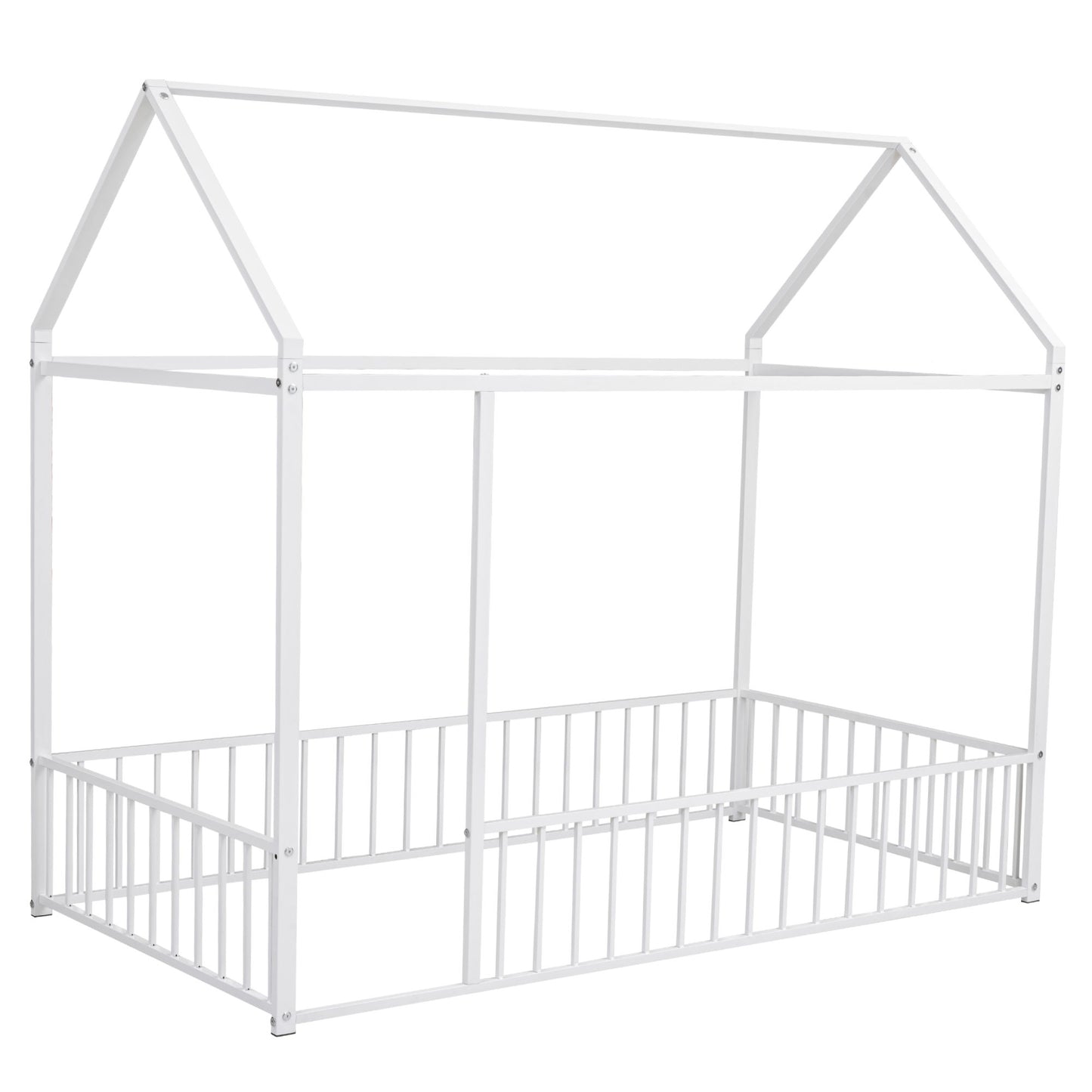 Cama de metal con estructura de cama y valla