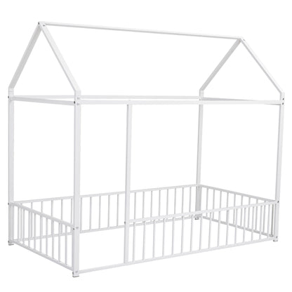 Cama de metal con estructura de cama y valla