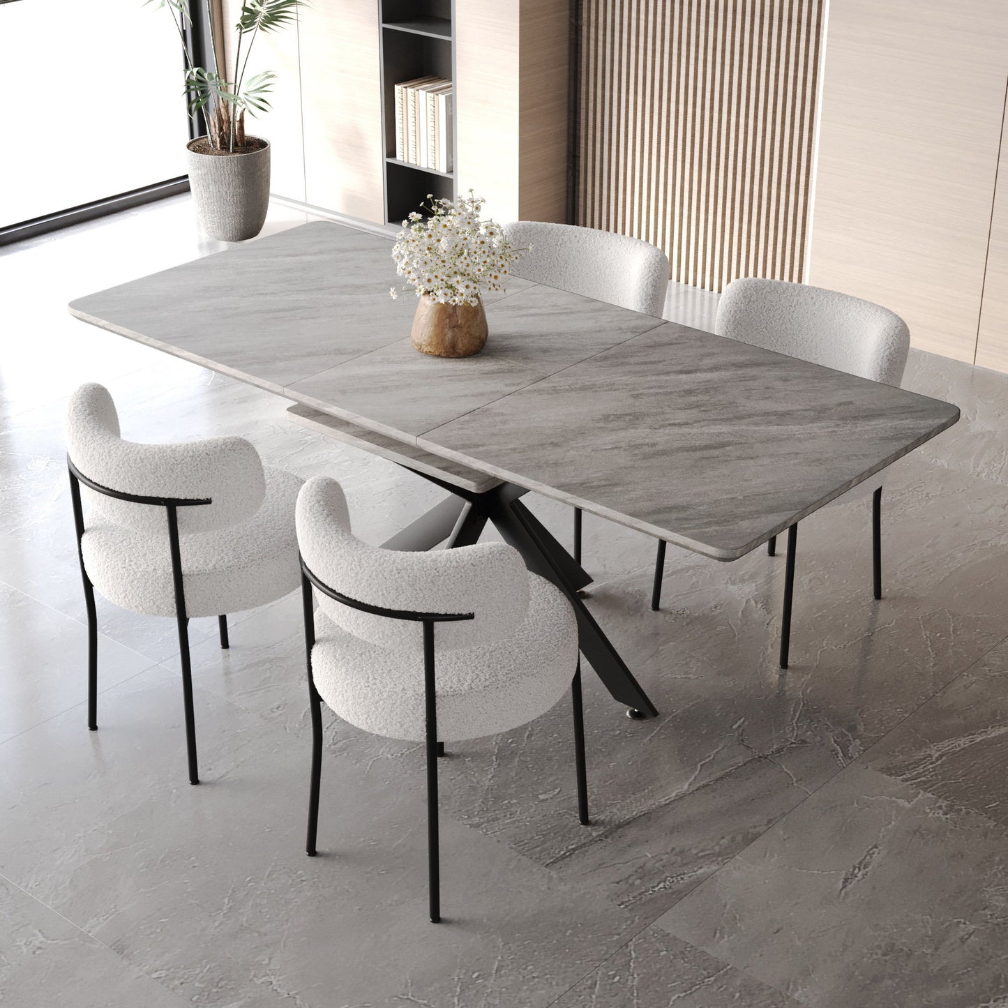 Extendable Dining Table Set With Curved Backrest Upholstered Chairs