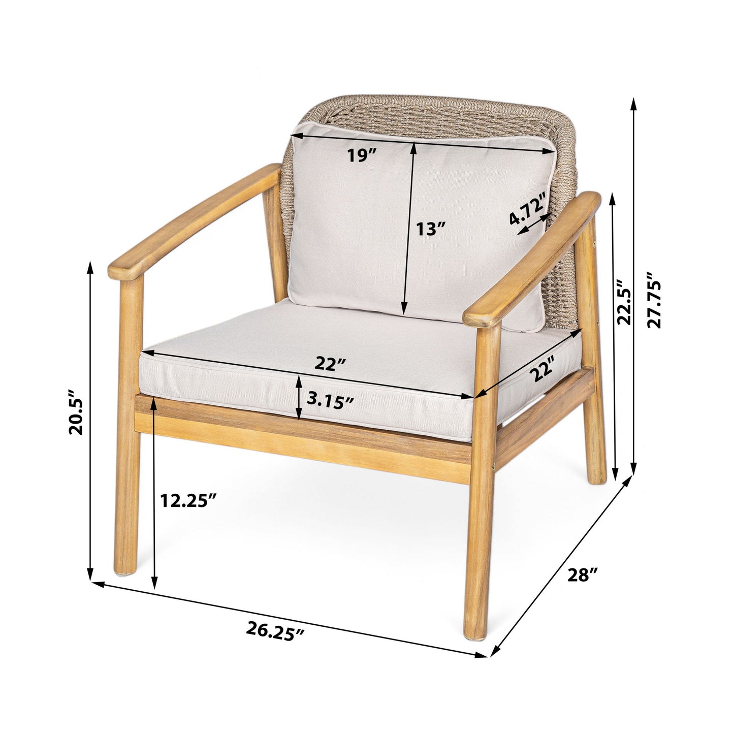 2 Piece Outdoor Acacia Wood Patio Club Chair, Patio Furniture Arm Chair With Woven Rope Backrest, Deep Seating For Porch - Light Teak / Beige