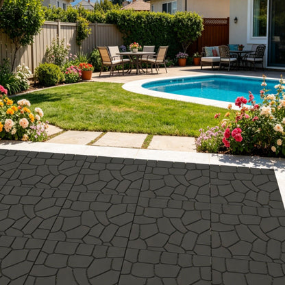 Stone Texture Patio Deck Tiles, Diy Interlocking Outdoor Floor Tiles (Set of 44) - Dark Grey