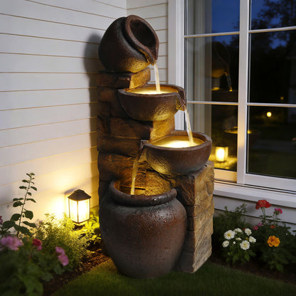 Tiered Outdoor Garden Water Fountain With Warm LED Lights - Brown