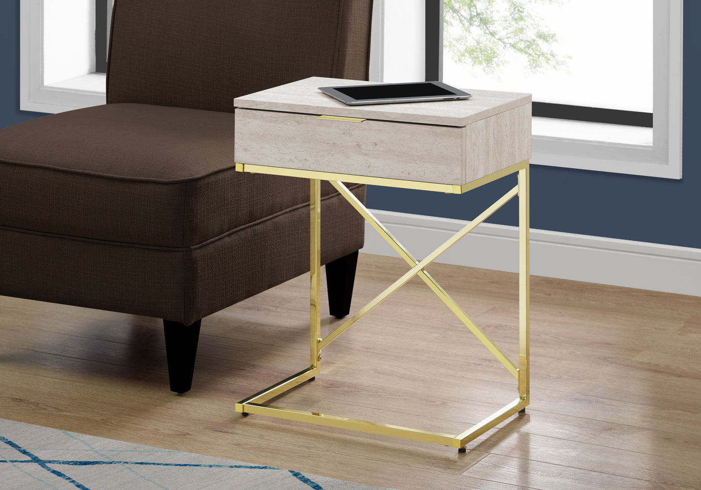 Mesa auxiliar con cajón, amplia superficie, contemporánea y moderna.
