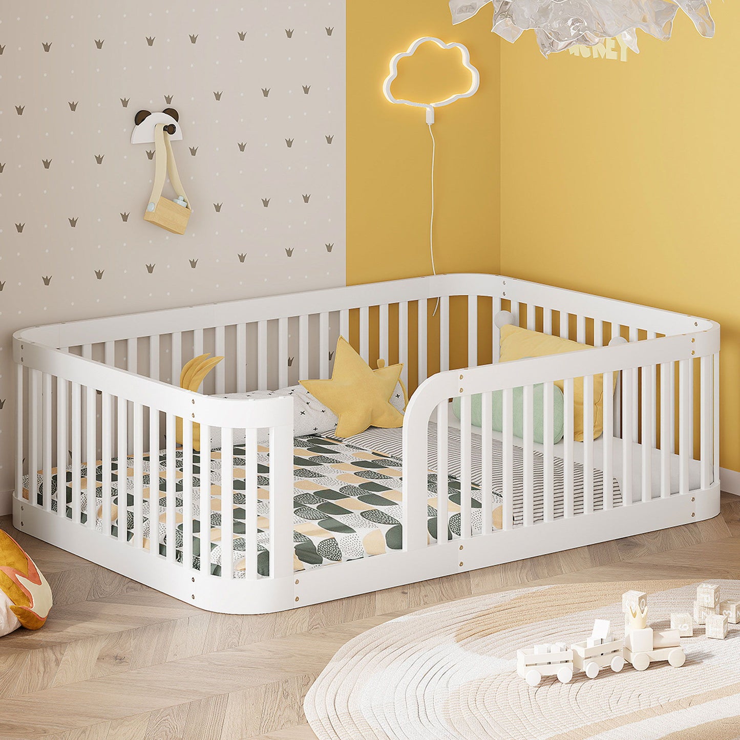 Wood Floor Bed Frame With Fence