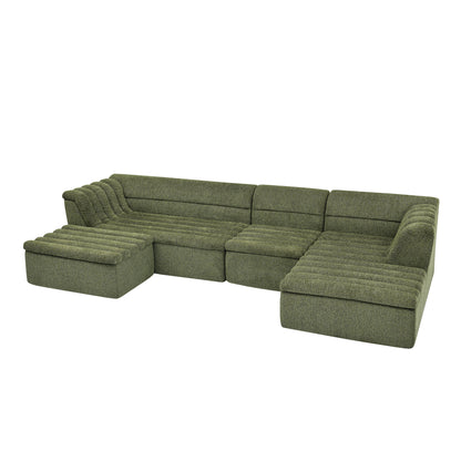 U-Shaped Modular Sectional Sofa With Chaise And Movable Ottoman With Wave-Shaped Armrest