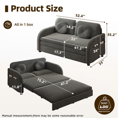 Upholstered Pull Out Couch With Side Pocket & USB Port