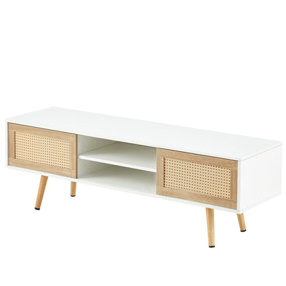 Mueble de TV de ratán de 140 cm con puertas corredizas dobles para almacenamiento, estante ajustable y patas de madera maciza. Consola de TV para sala de estar.