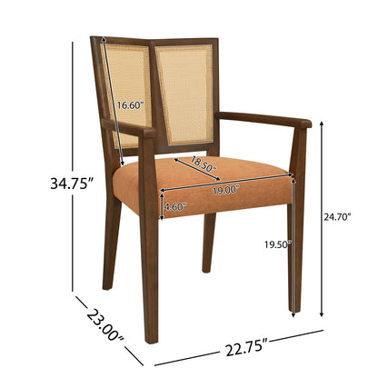Mid Century Modern Arm Dining Chair Set With Rattan Backrest