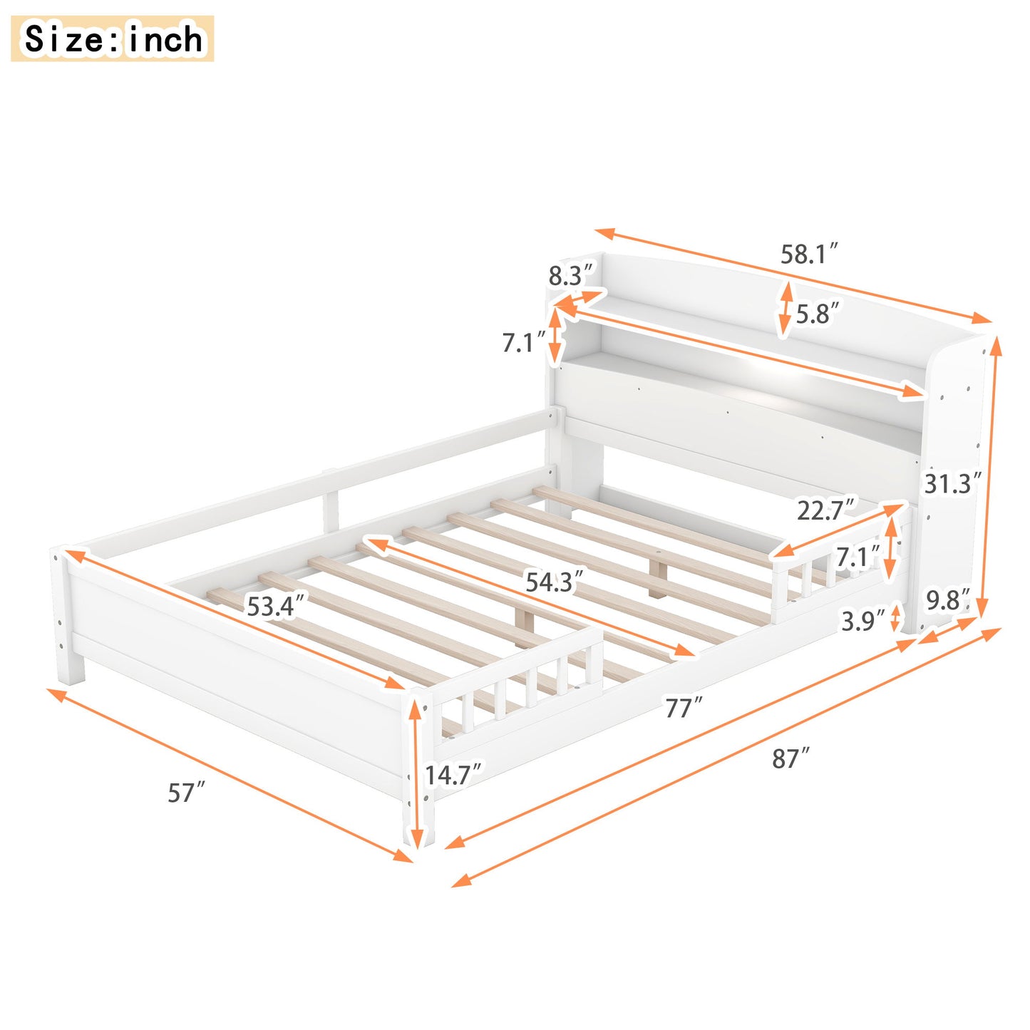 Wood Platform Bed With Built In LED Light, Storage Headboard And Guardrail