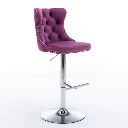 Taburetes giratorios de terciopelo con altura de asiento ajustable de 63 a 84 cm. Modernos taburetes de bar con base cromada y tapizados, cómodos y capitoné para el hogar, el pub y la isla de cocina (juego de 2).