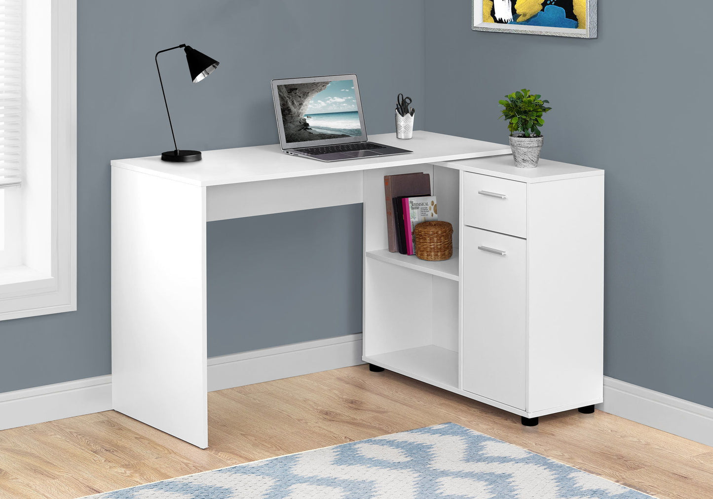 Escritorio de computadora, oficina en casa, esquina, cajones de almacenamiento, forma de L, contemporáneo y moderno