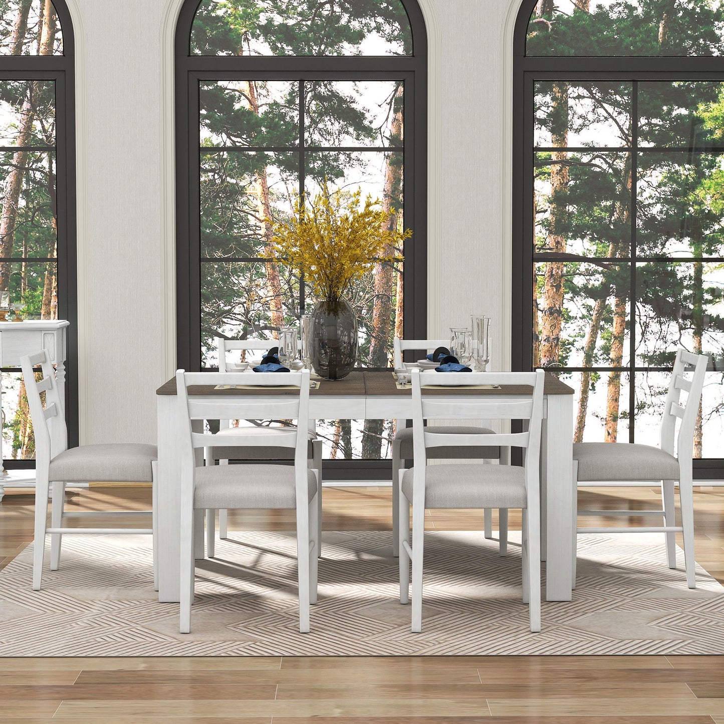 7 Piece Dining Set With Extendable Table, 2 Drawers & 6 Upholstered Chairs
