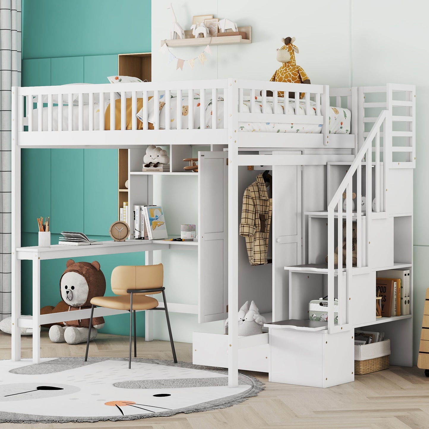 Loft Bed With Bookshelf, Drawers, Desk, And Wardrobe
