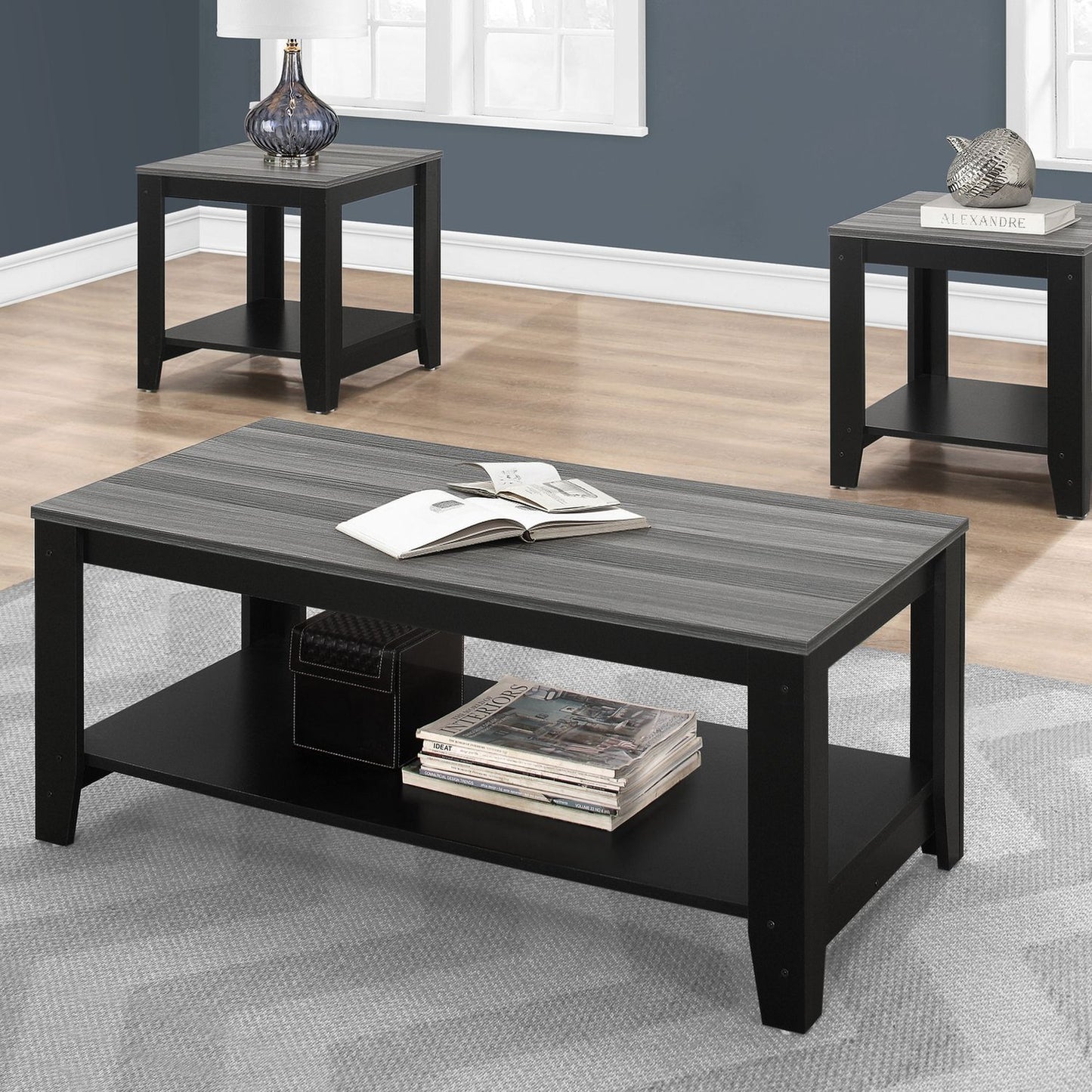 Juego de mesa de centro, auxiliar, lateral y decorativa para sala de estar de estilo transicional (juego de 3) - Negro