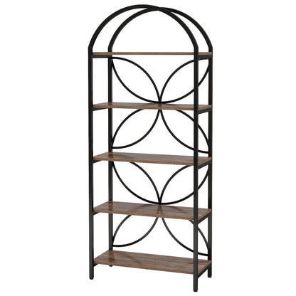 Tall 5 Tier Arched Bookshelf With Shelves For Living Room - Rustic Brown