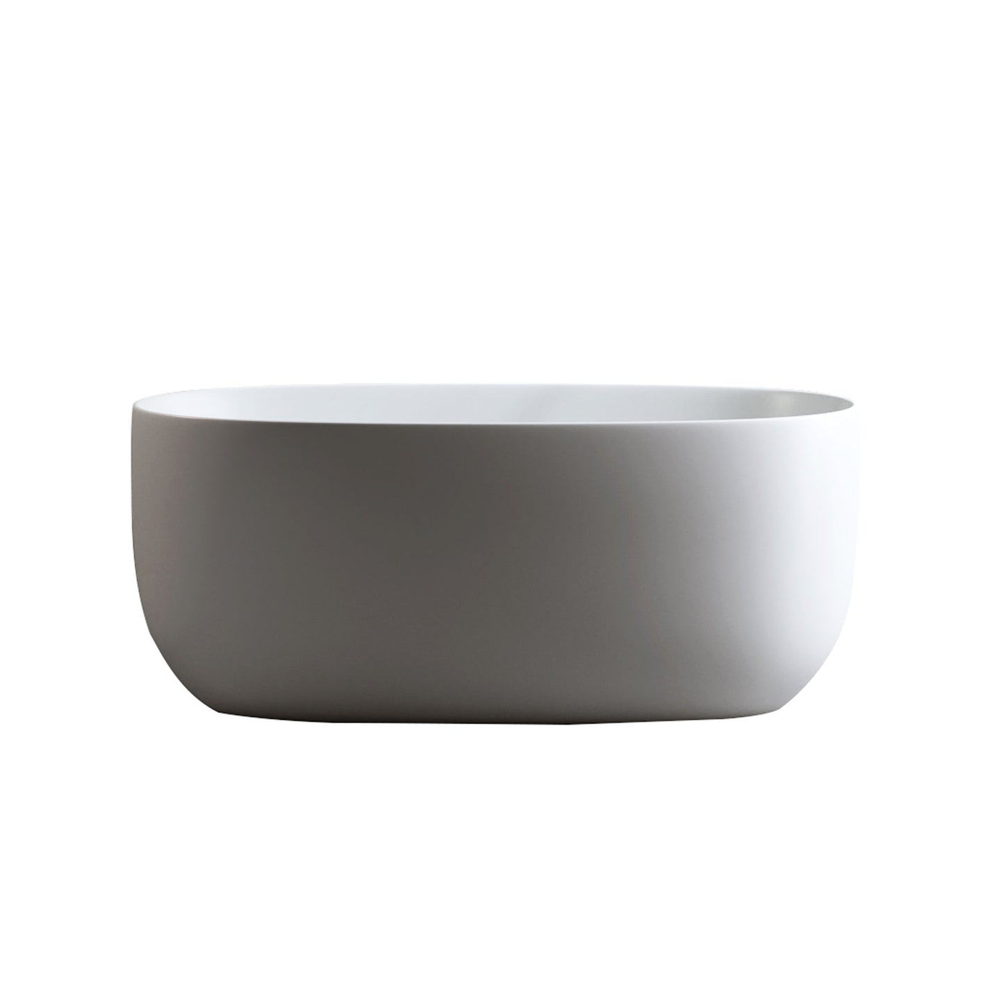 Bañera independiente de piedra de resina de superficie sólida. Diseño moderno con desagüe automático y rebosadero, ideal para hogares pequeños. Blanco mate.