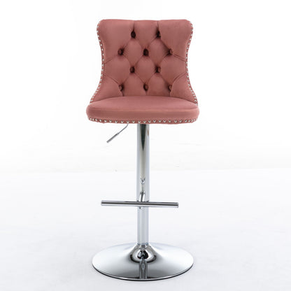 Taburetes giratorios de terciopelo con altura de asiento ajustable de 63 a 84 cm. Modernos taburetes de bar con base cromada y tapizados, cómodos y capitoné para el hogar, el pub y la isla de cocina (juego de 2).