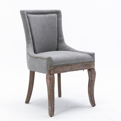 Silla de comedor Ultra Side, de tela gruesa, con patas de madera maciza en tonos neutros y tachuelas de bronce (juego de 2)