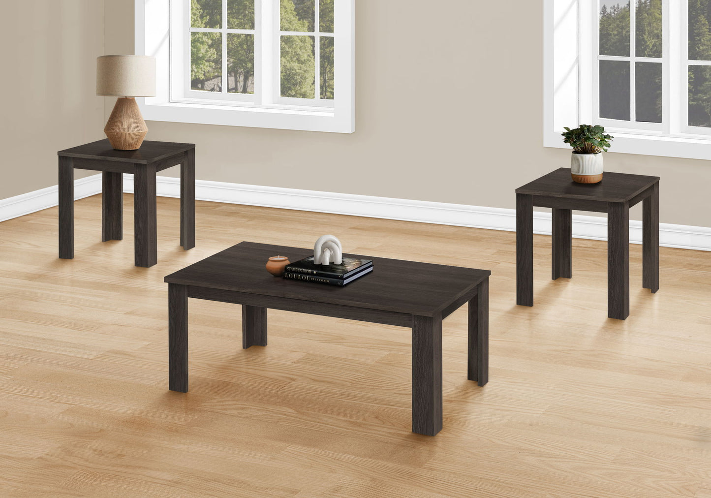 Juego de mesa de centro, auxiliar, de esquina y de acento para sala de estar, de estilo transicional (juego de 3) - Roble
