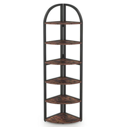 Tall 6 Tier Corner Shelf, Freestanding Bookshelf For Living Room - Rustic Brown