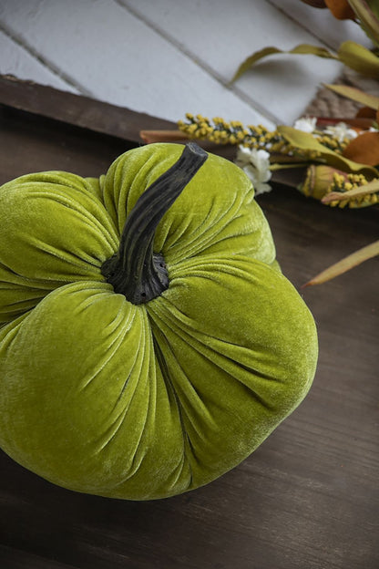 Calabaza de terciopelo con tallo de resina, adorno de manzana, ideal para el Festival de la Cosecha, el Festival de Otoño y el Día de Acción de Gracias (juego de 2) - Verde