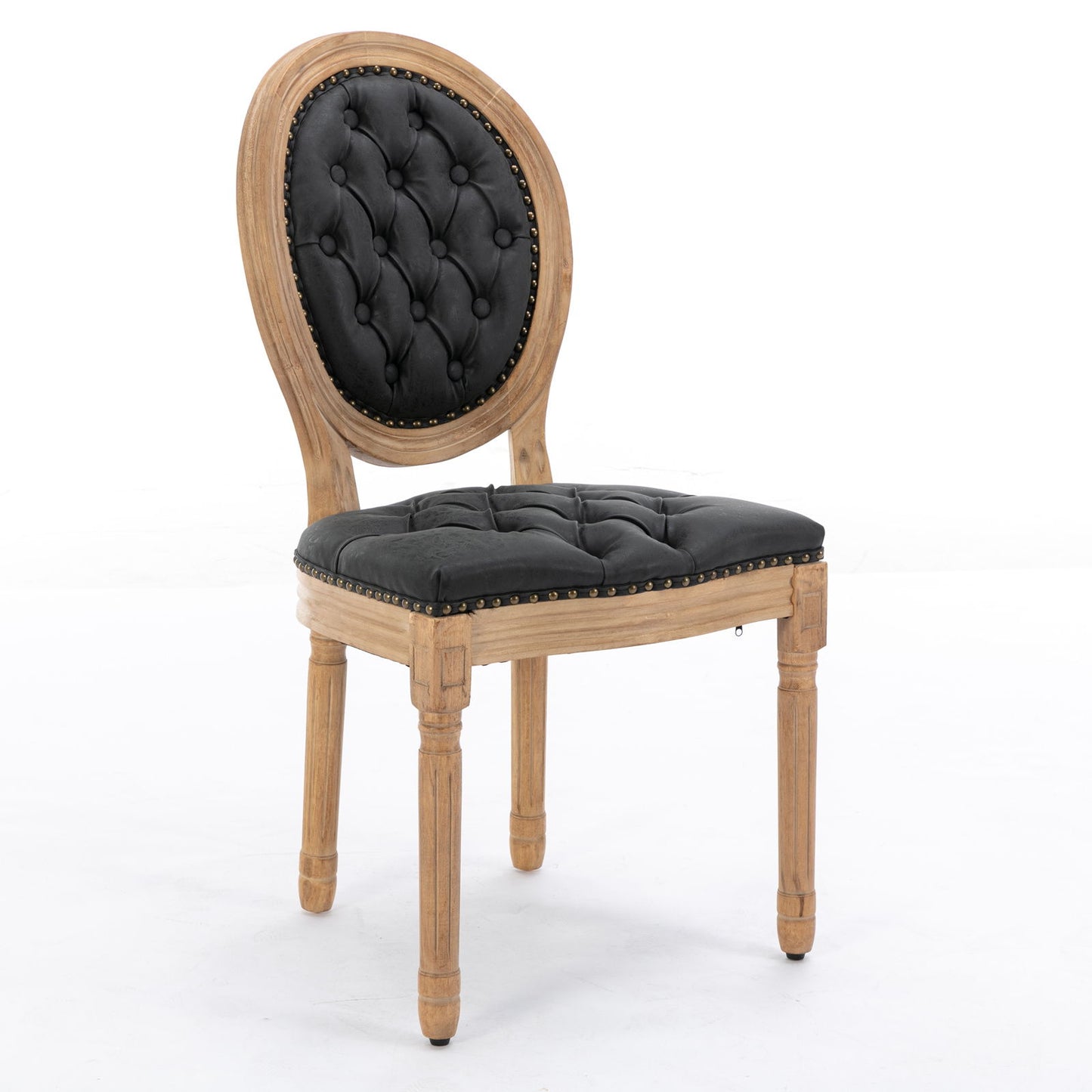 Silla de comedor de estilo francés con marco de madera maciza, pintura antigua, hebillas hechas a mano, cuero sintético de PU, ribete de tachuelas y patas de madera.