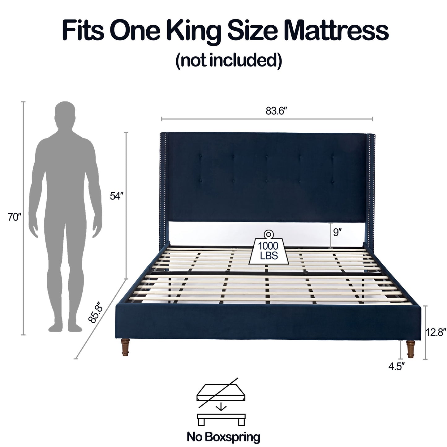 Peyton - Cama tapizada con cabecera de 137 cm de alto y capitoné tradicional abotonado a mano