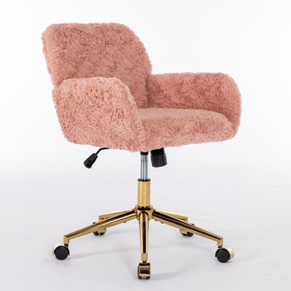 Silla de oficina con pelo artificial de conejo y base de metal dorado, ajustable, giratoria y de tocador.