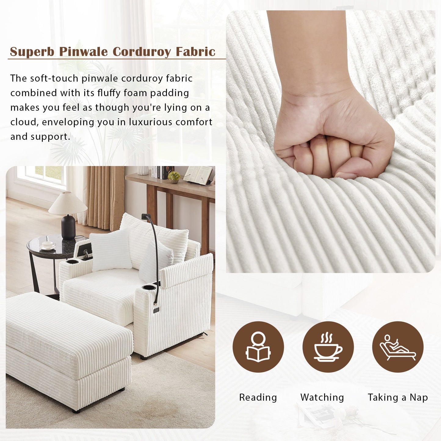 Modern Style Single Sofa Sofa Couch With Storage Space, A Movable Ottoman, 2 USB Ports, 2 Cup Holders, A Phone Holder For Living Room
