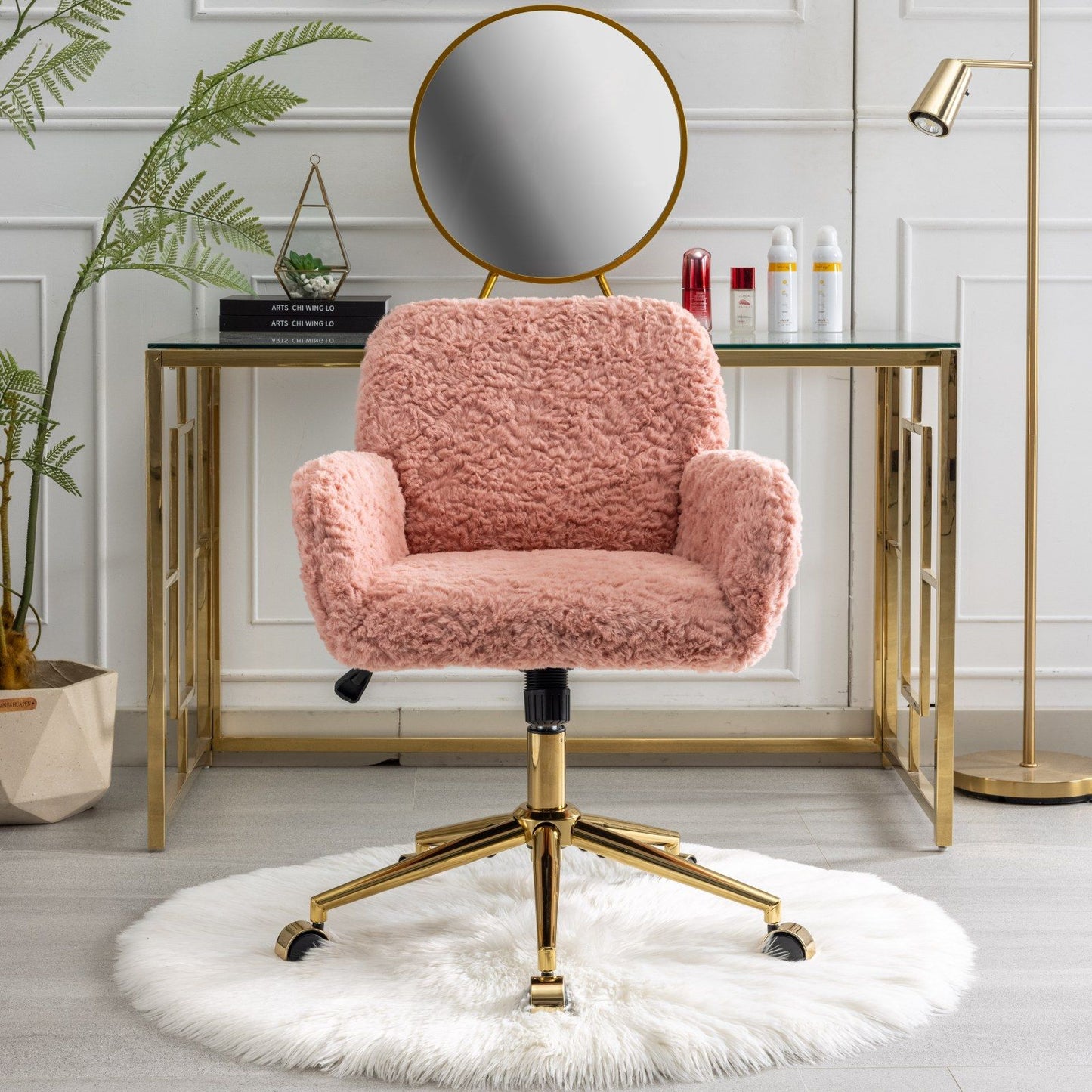Silla de oficina con pelo artificial de conejo y base de metal dorado, ajustable, giratoria y de tocador.