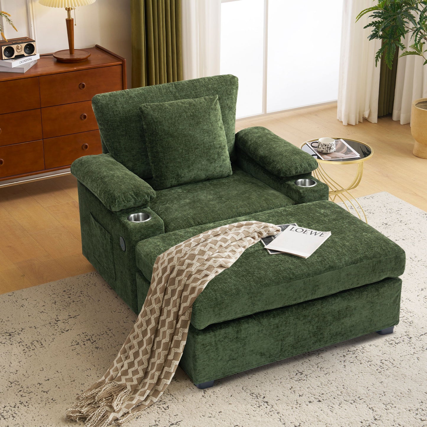 Modern Oversized Chair With Ottoman, Cupholders And USB Charging Ports