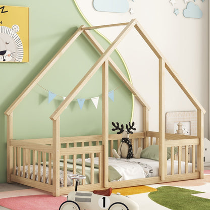 Cama de piso en forma de casa de madera con cerca y barandillas
