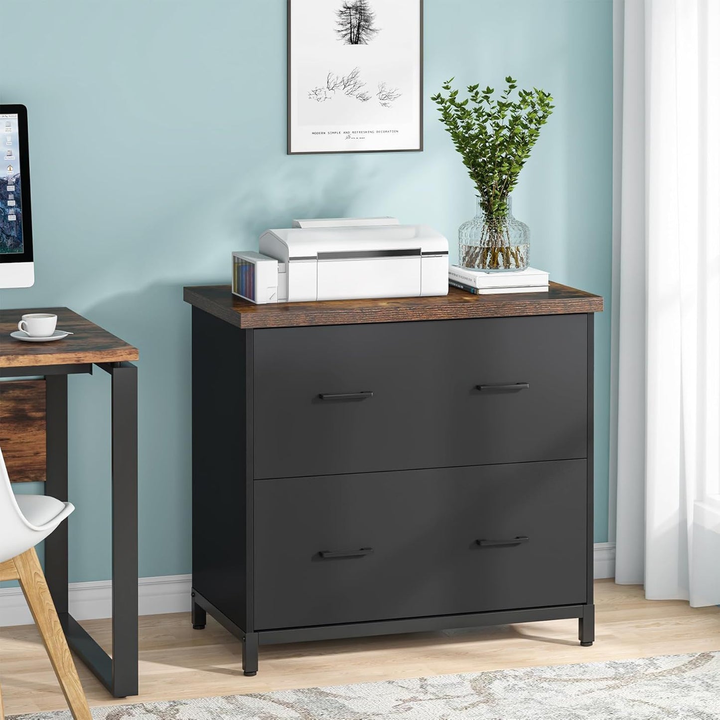 2 Drawer Lateral File Cabinet, A4 / Letter Size, Heavy Duty Storage For Home Office - Brown / Black