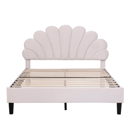 Cama de plataforma tapizada con cabecero de terciopelo con estampado floral