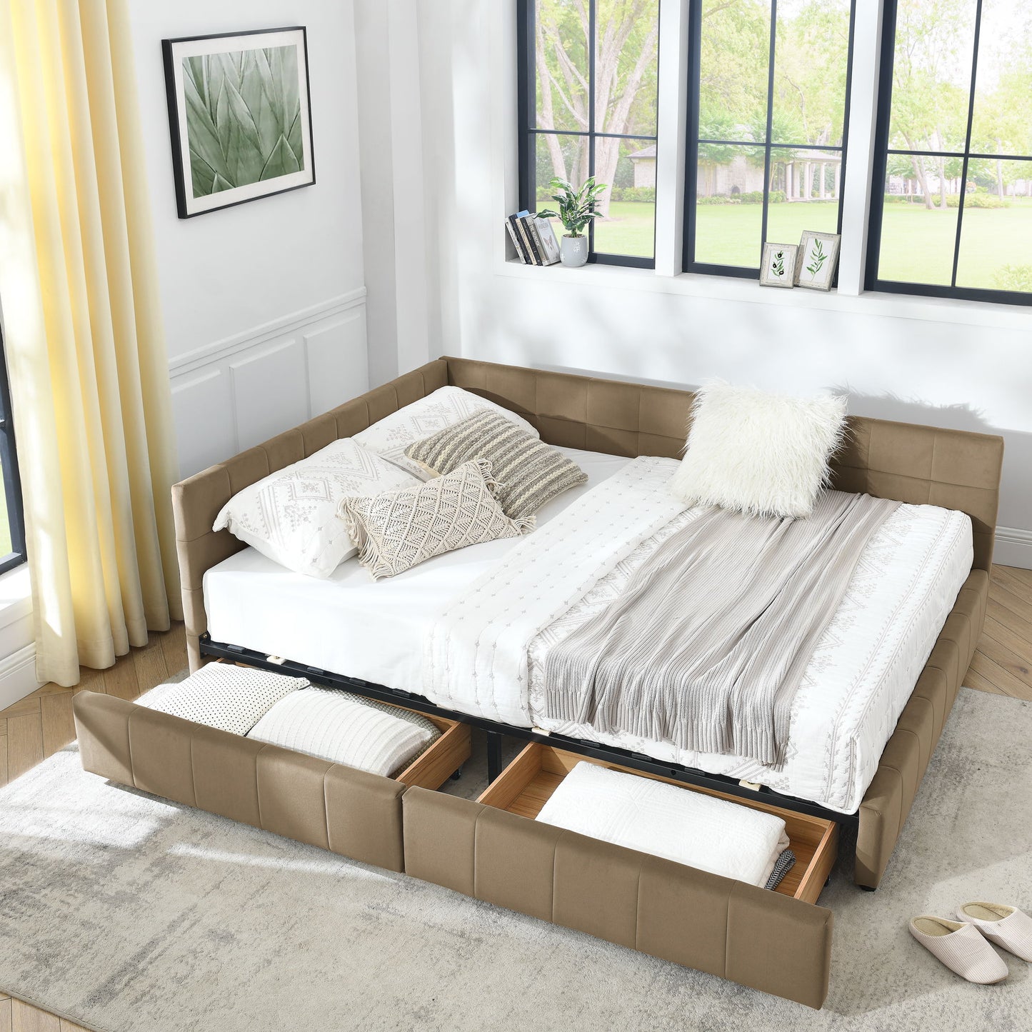 Mid-Century Storage Upholstered Tufted Bed Frame With Backrest And Armrests