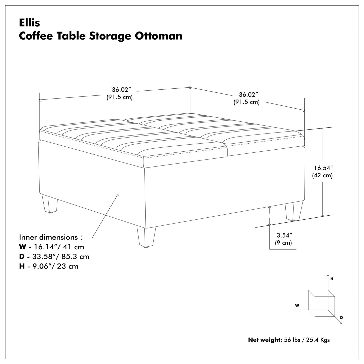 Ellis - Otomana de almacenamiento tapizada para mesa de centro