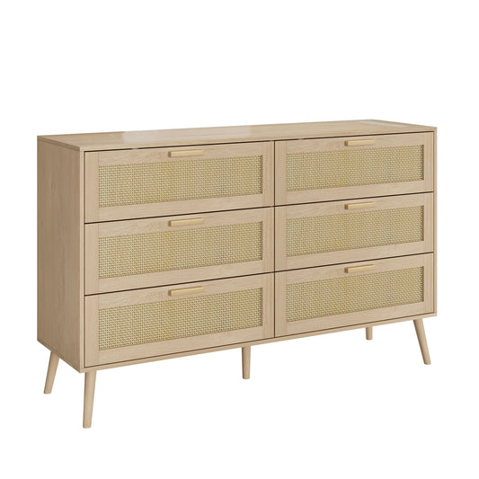 Rattan 6 Drawers Chest Of Dressers For Bedroom, Modern 6 Drawer Dresser, Wide Chest Of Drawers With Wood Handles, Rattan Dresser Storage Cabinet For Living Room, Bedroom, Hallway - Natural Wood / Oak
