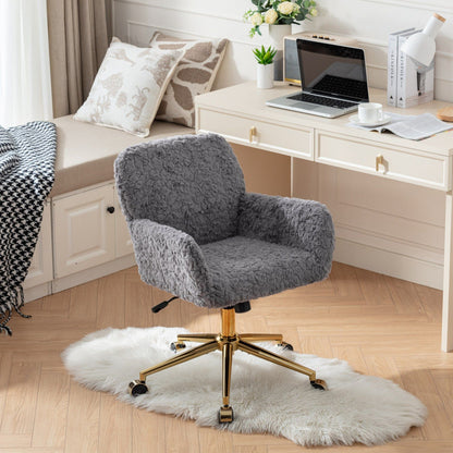 Silla de oficina con pelo artificial de conejo y base de metal dorado, ajustable, giratoria y de tocador.