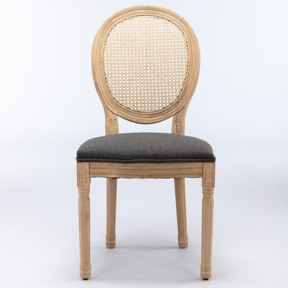 French Style Solid Wood Frame Antique Painting Fabric Rattan Back Dining Chair (Set of 2)