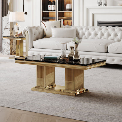 Marble Printed Top Rectangular Table, Stainless Steel Base With Mirrored Finish