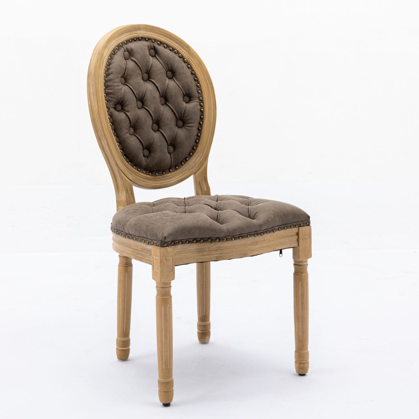 Silla de comedor de estilo francés con marco de madera maciza, pintura antigua, hebillas hechas a mano, cuero sintético de PU, ribete de tachuelas y patas de madera.