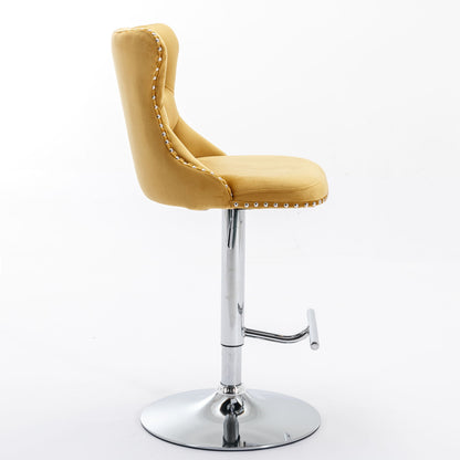Taburetes giratorios de terciopelo con altura de asiento ajustable de 63 a 84 cm. Modernos taburetes de bar con base cromada y tapizados, cómodos y capitoné para el hogar, el pub y la isla de cocina (juego de 2).