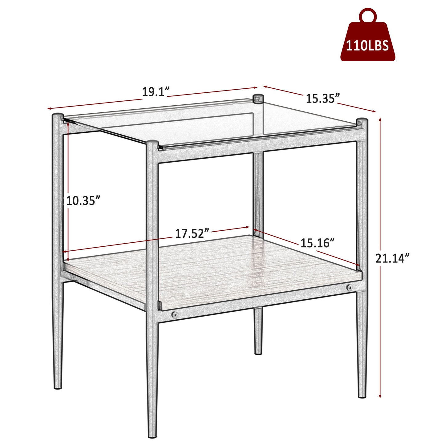 Modern Rectangle End Table (Set of 2) With Tempered Glass Tabletop And Layer - Brown