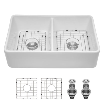 Double Bowl Apron Front Kitchen Sink 32", Sturdy And With Scratch Resistant - White