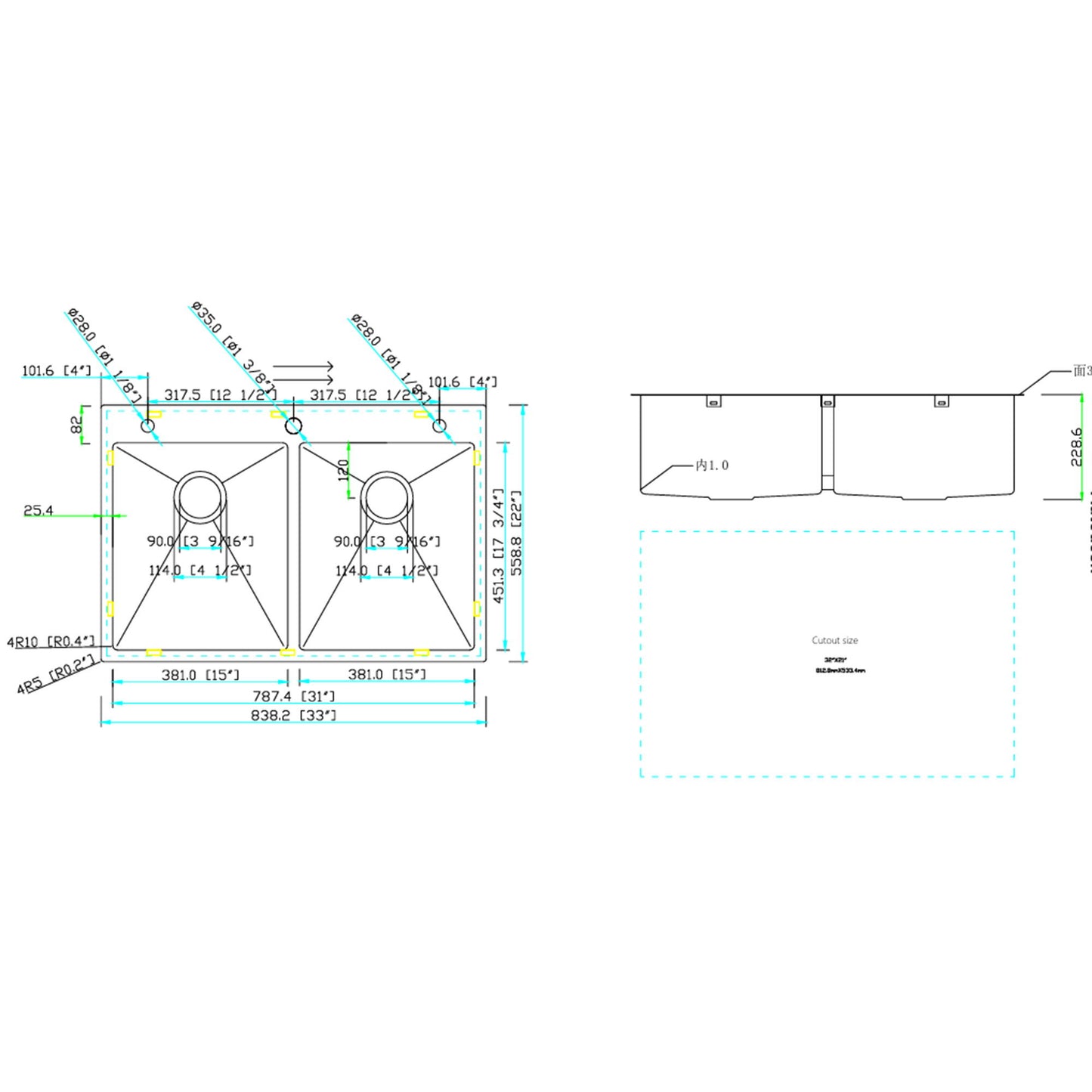 Double Bowl Drop-In Sink With 2 Basins
