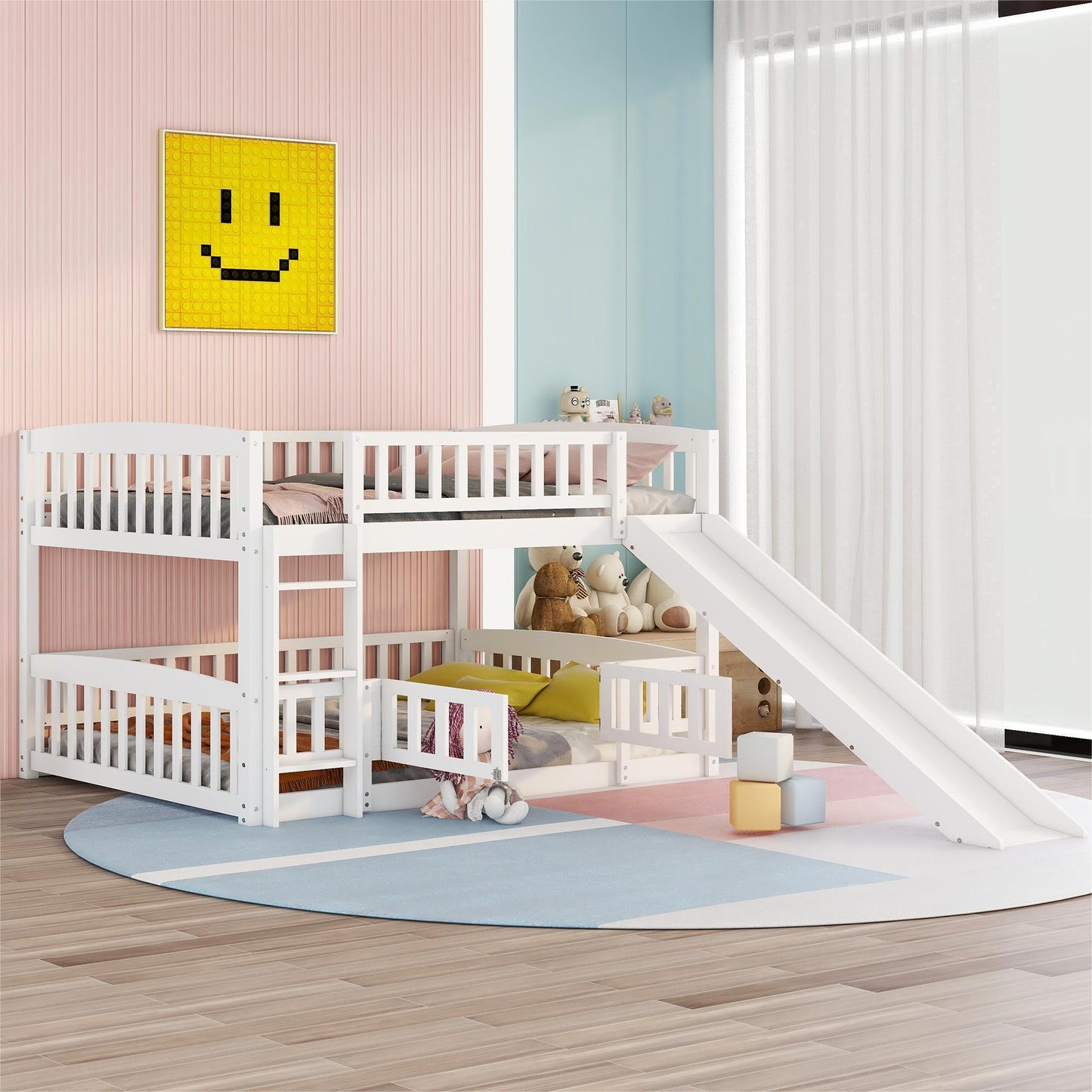 Low Bunk Bed With Slide, Fence And Ladder