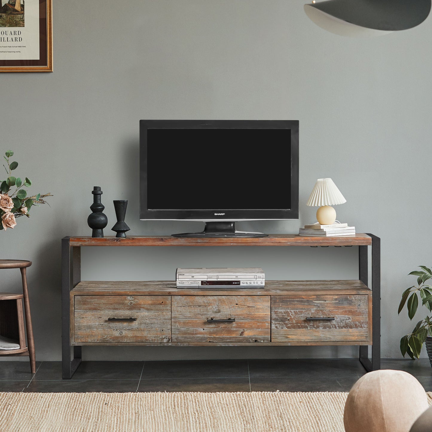 Consola de TV de madera recuperada con 3 cajones y estante abierto - Gris antiguo