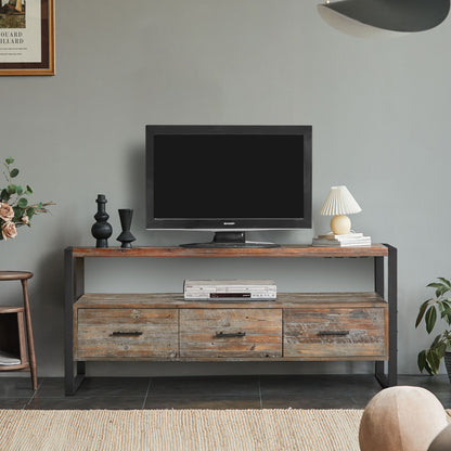Consola de TV de madera recuperada con 3 cajones y estante abierto - Gris antiguo