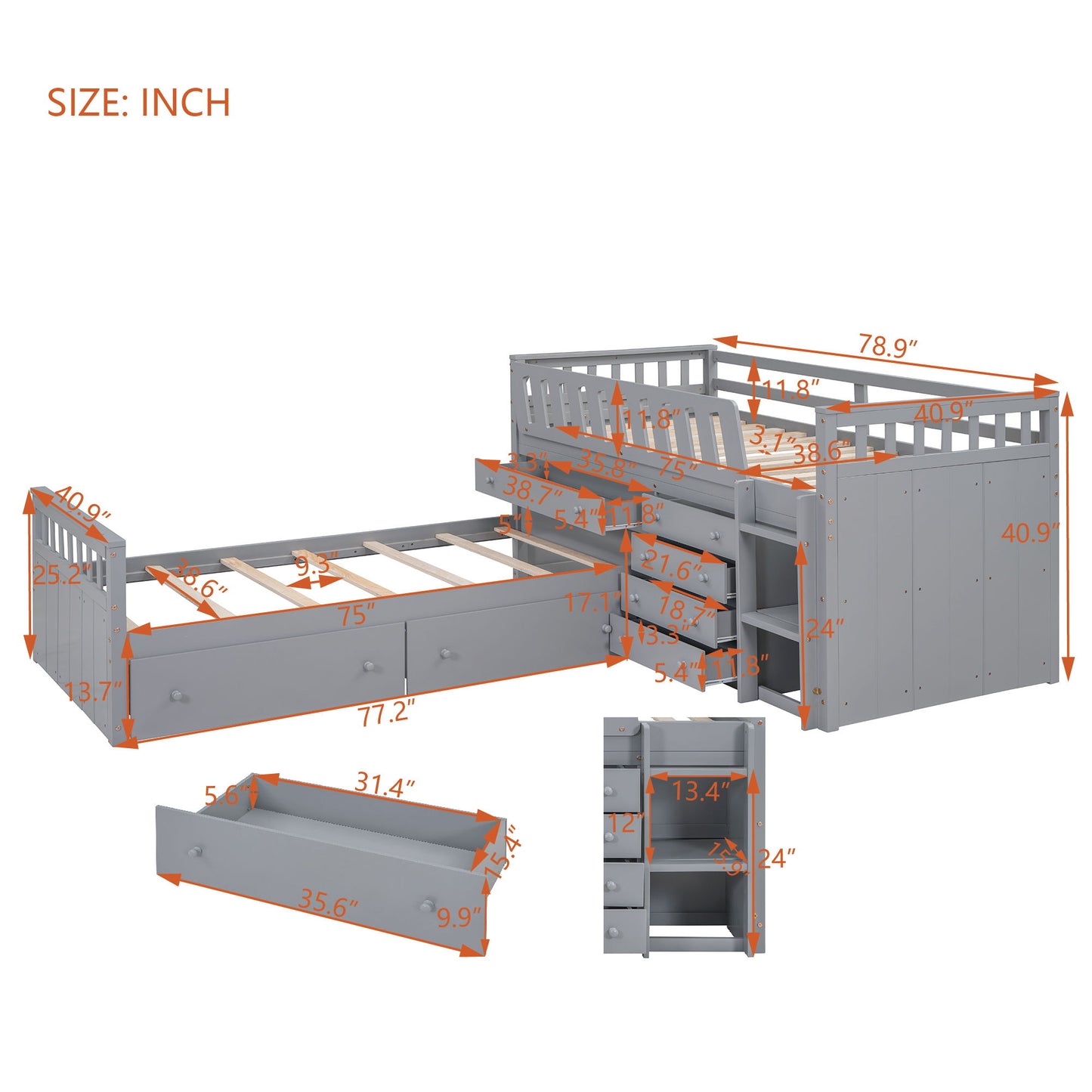 Loft Platform Bed With 7 Drawers And Full Guardrails, Modern L Shaped Space Savin